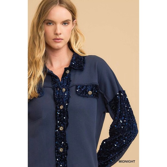 Umgee Sequined French Terry Jacket Shacket - Picture 6 of 6